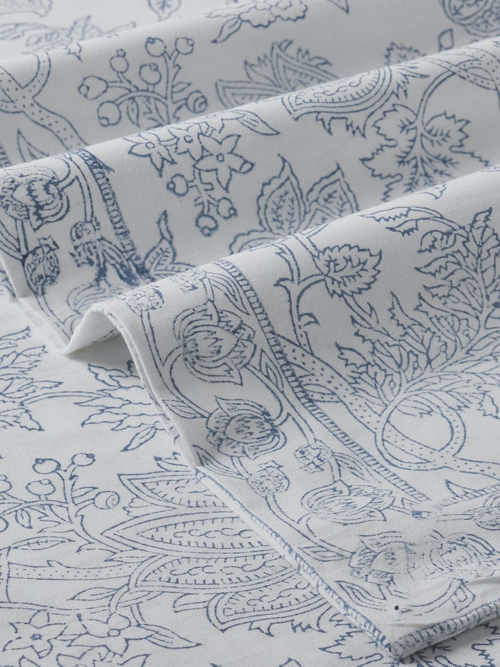 Detailed view of blue floral Sanganeri print on cotton bedsheet from Kairavam collection