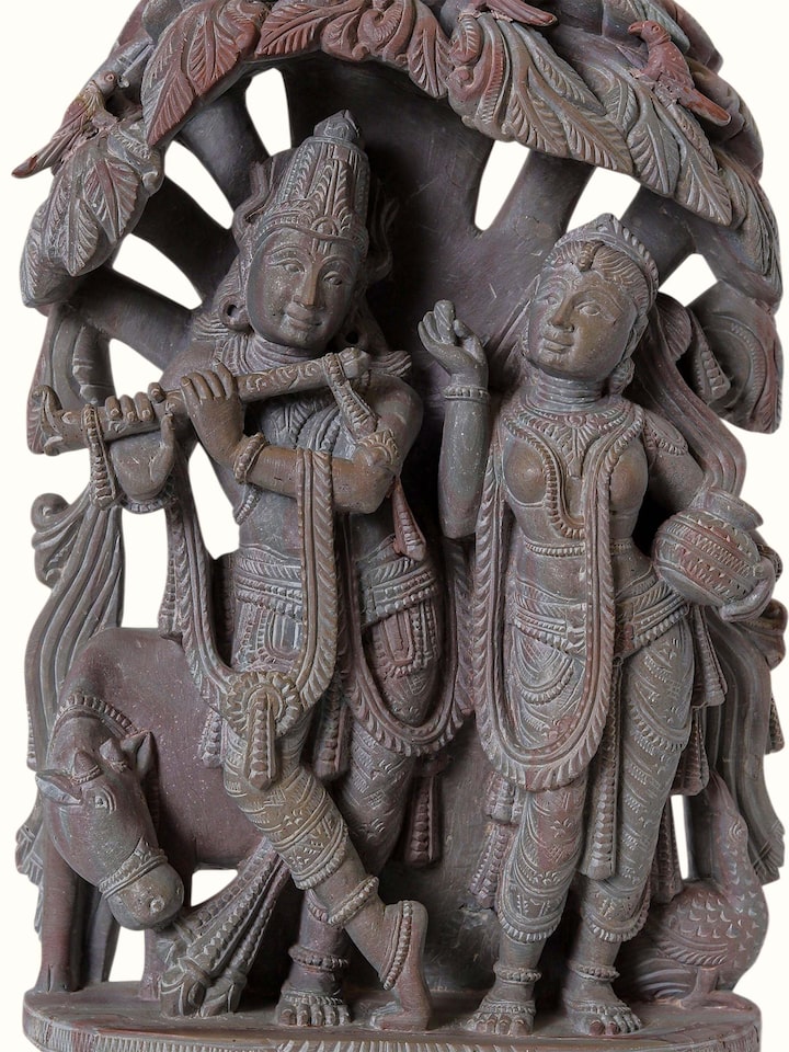 Front detail view of the Stone Carved Radha Krishna Idol
