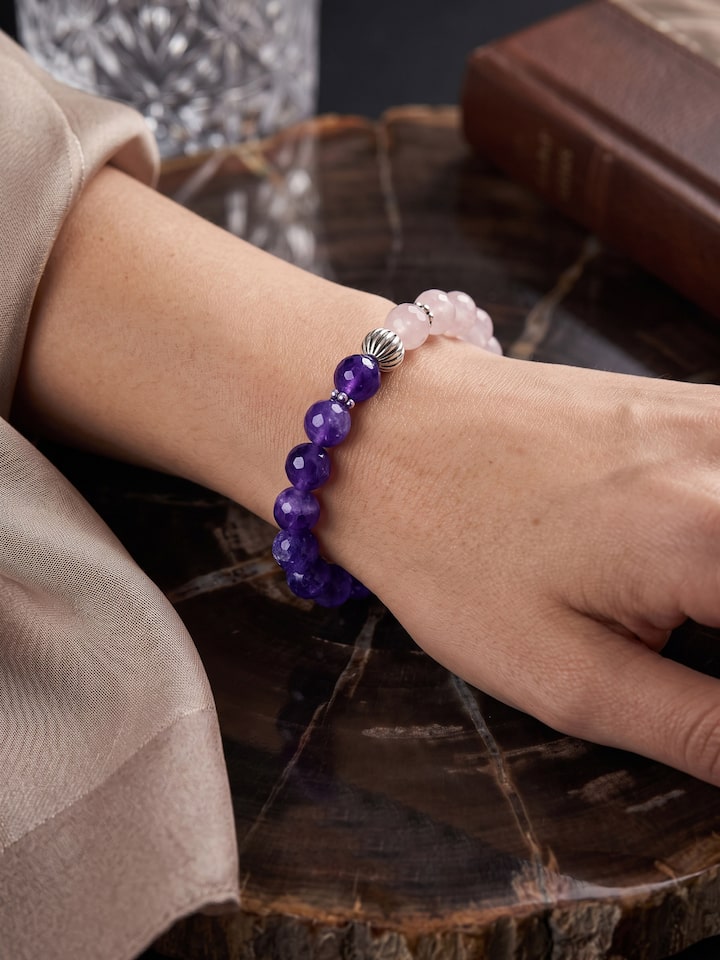 Styled view of Gemstone Rose Quartz & Amethyst Bead Silver Bracelet worn on the wrist, showing how it looks styled
