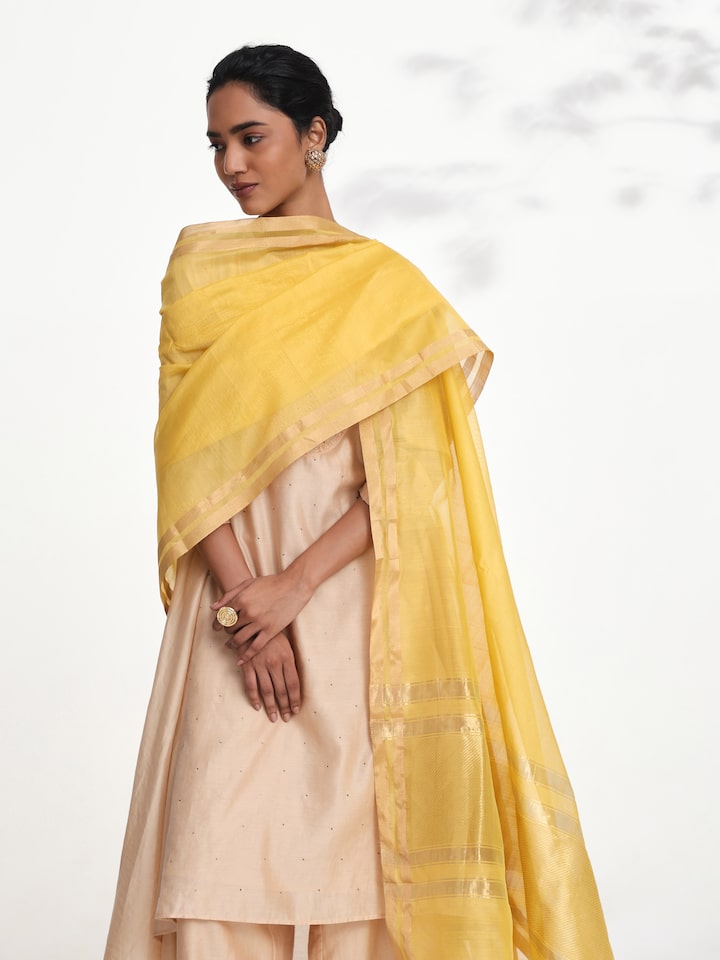 Elegant yellow Chanderi dupatta in cotton silk - styled front pose