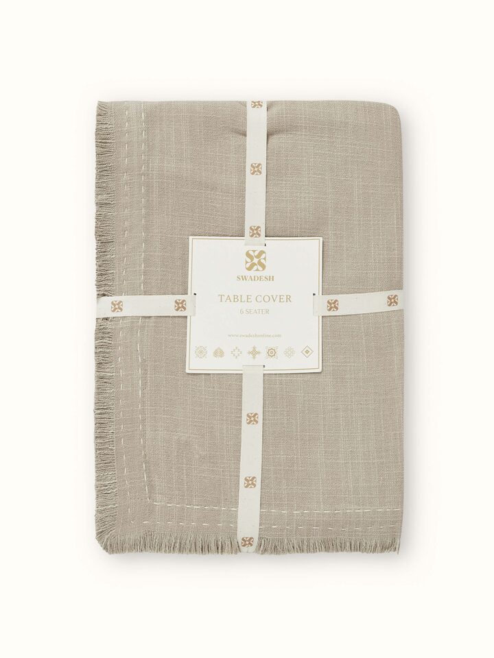 Nityam Beige Cotton Slub Embroidered Table Cloth