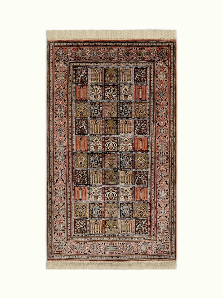 Traditional Persian Rust Dabdar Kashmir Silk Hand-knotted Rug