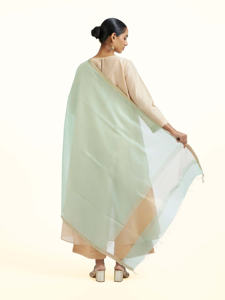 Back view of the Light Green Cotton Silk Maheshwari Zari Border Dupatta