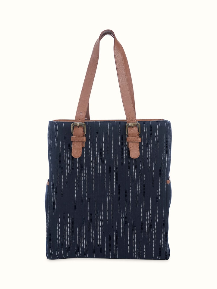 Back view of Grey Leather & Textile Embroidered Tote Bag revealing clean leather surface and handle design.