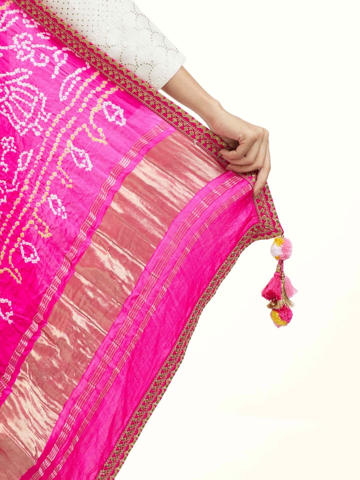 Detail view of the Pink Silk Bandhani Zardozi Embroidered Dupatta