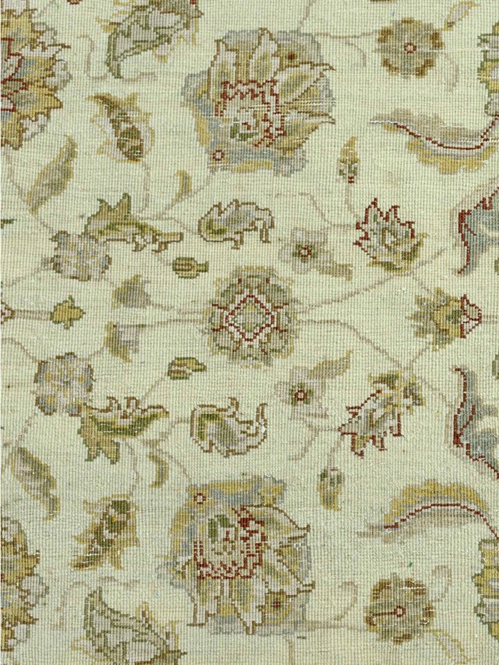 Detail view of Traditional Kashan Ivory Beige Bhadohi Wool-Viscose Hand Knotted Rug highlighting the intricate pattern and pile texture, from a dif...