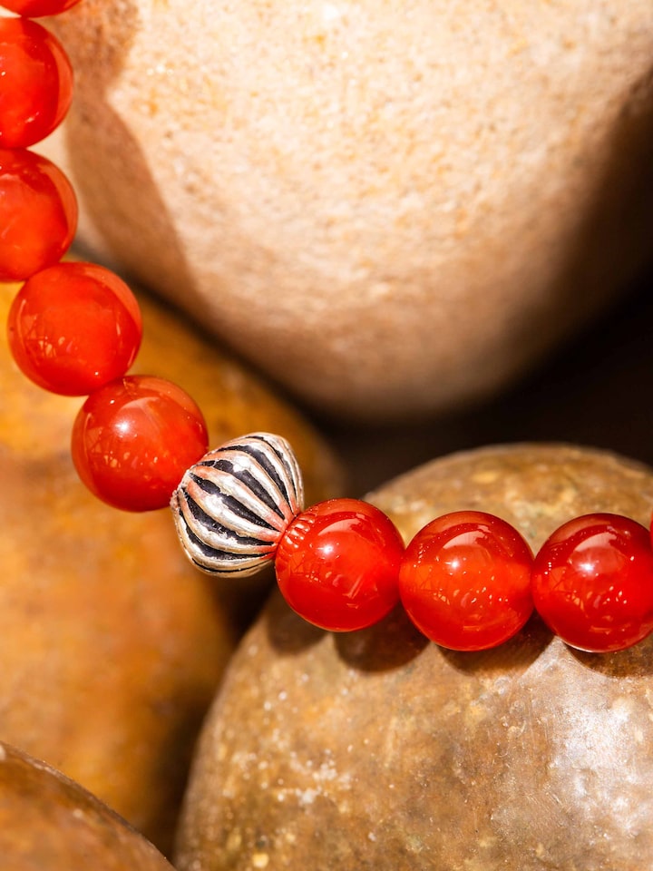 Detail view of Carnelian Silver Bracelet highlighting the beadwork and stone detail