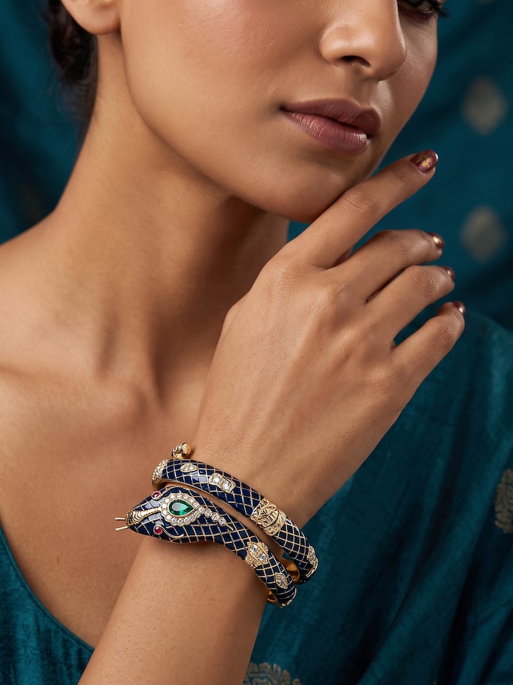 Styled view of Silver Smithing Meenakari Bangles worn on the wrist, showing how it looks styled, from a different angle
