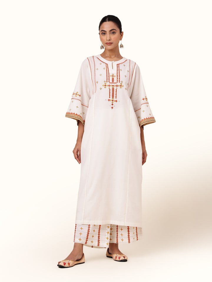 Front view of Off-white Cotton Rajasthani Embroidered Palazzo displaying lightweight cotton fabric with delicate Rajasthani embroidery.