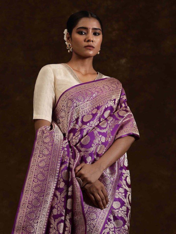 Purple Mulberry Satin Silk Banarasi Saree