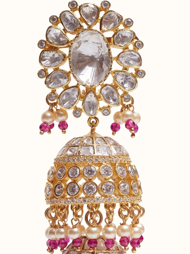 Angled view of Dank Polki silver jhumkas
