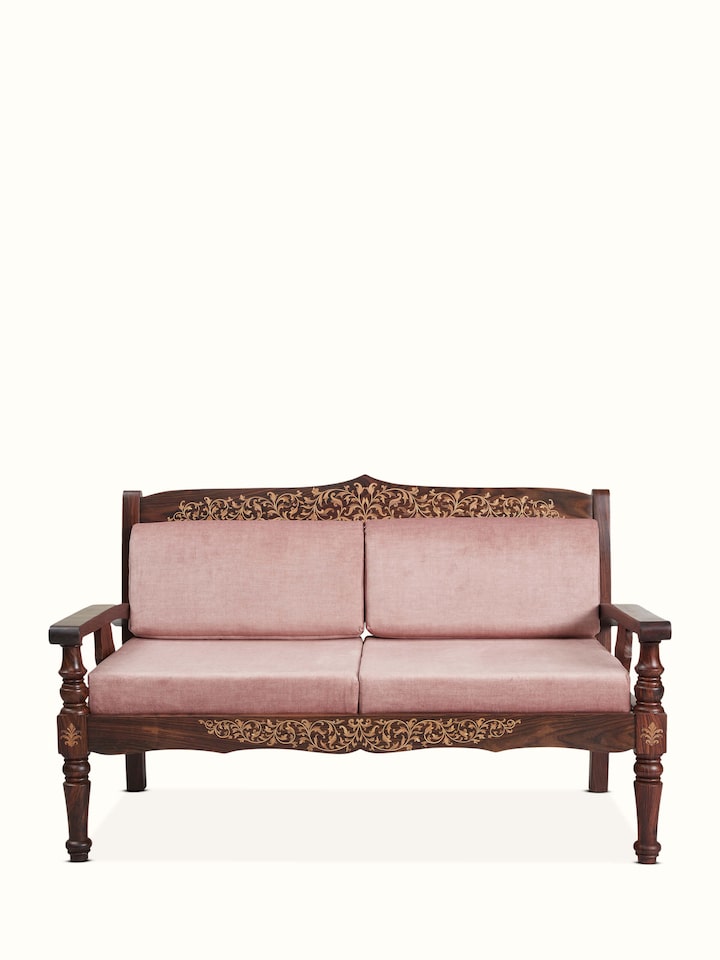Front view of Upholstered Mysore Rosewood Inlay 2-seater Sofa showing the front design and silhouette