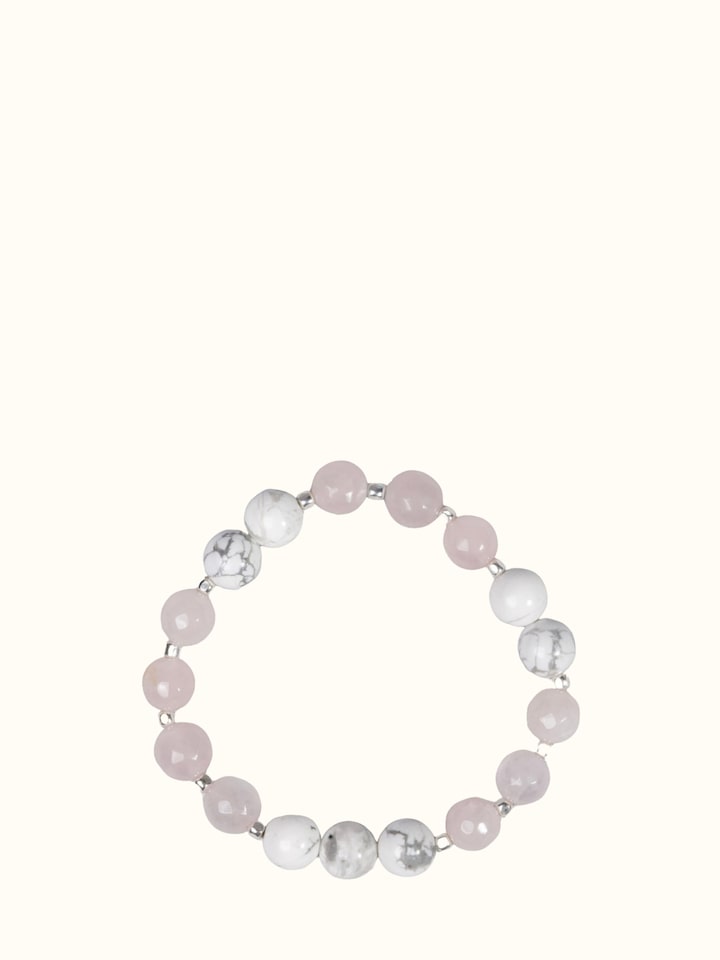 Front view of Gemstone Rose Quartz & Howlite Bead Silver Bracelet showing the complete piece and design