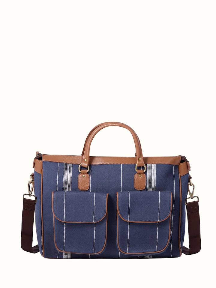 Front view of Blue Handloom Cotton Business Bag showcasing its traditional craftsmanship and design
