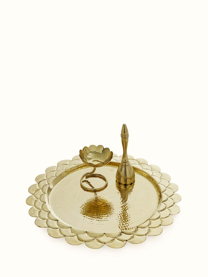 Front view of Polished Brass Pooja Thali Set (3 Pcs) displaying intricate brass detailing and a lustrous finish.
