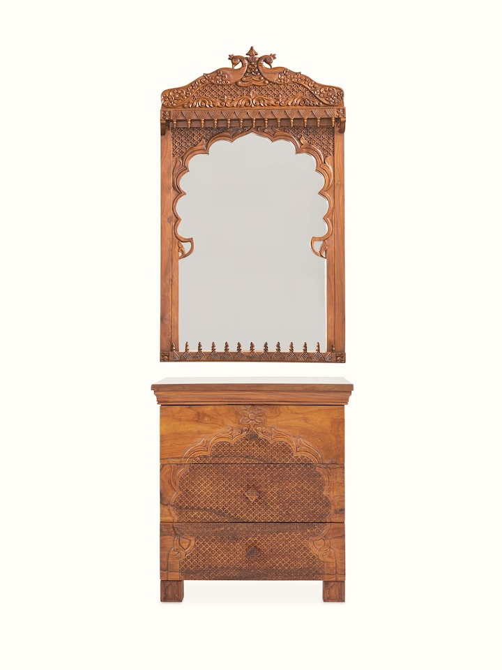Front view of Carved Sheesham Wood Dressing Table & Mirror Set (2 Pcs) showing the front design and silhouette