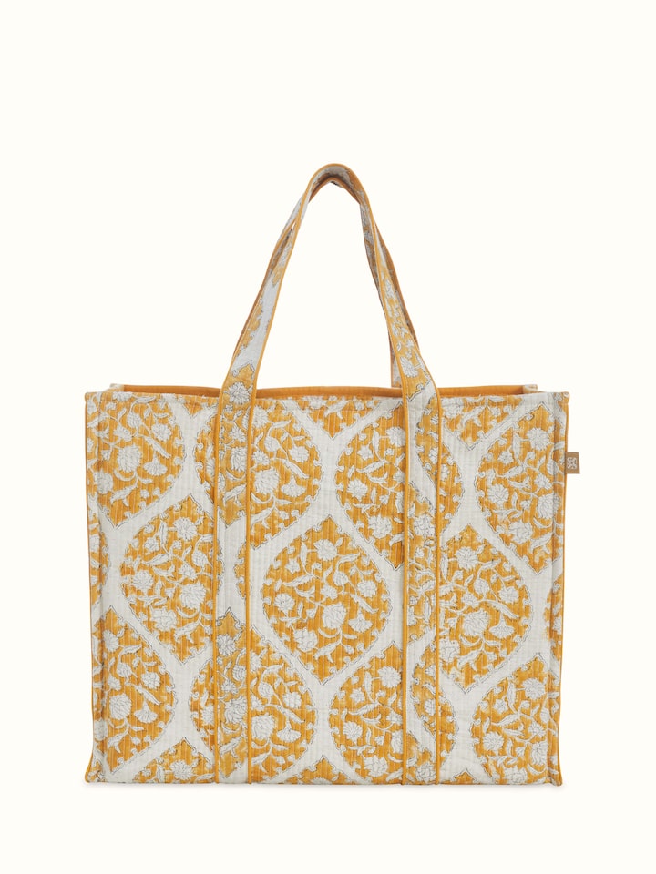 Front view of Yellow Handblock Printed Quilted Tote Bag showcasing its traditional craftsmanship and design