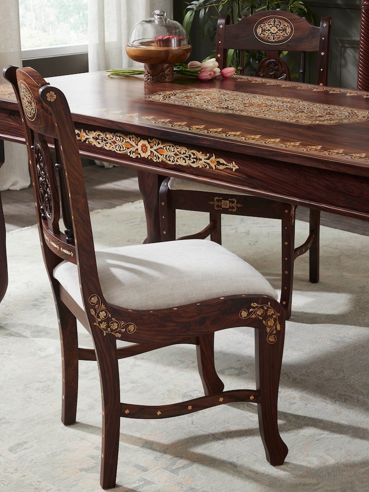 lifestyle view of upholstered rosewood inlay dining chair