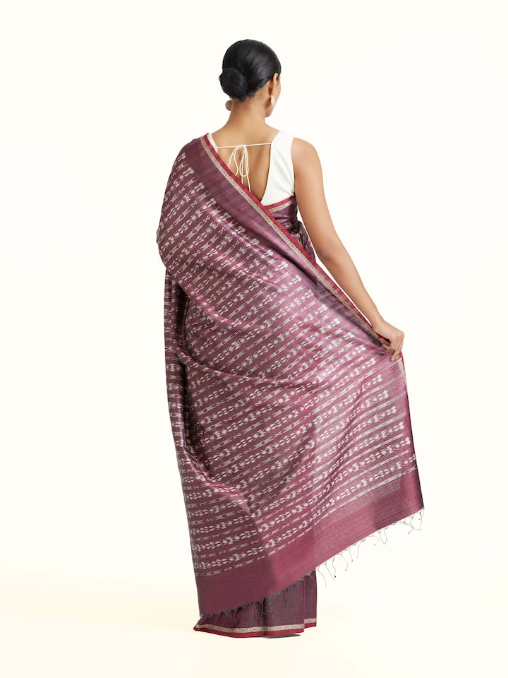 Back view of Purple Tussar Silk Odisha Ikat Saree emphasizing the overall design and fine details