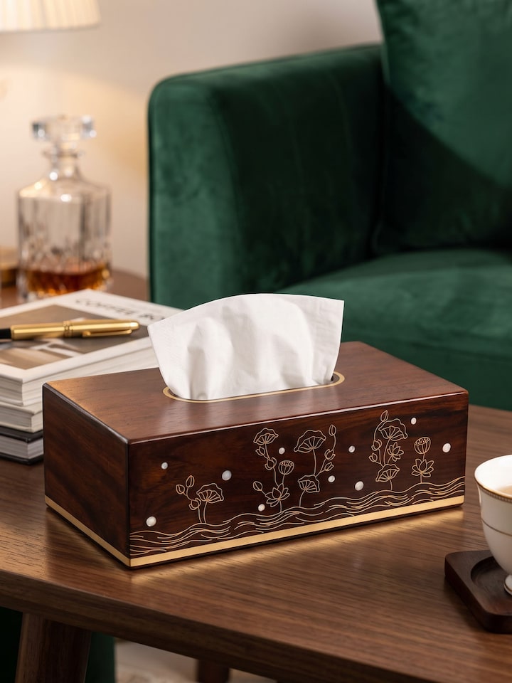 Kamal Tarkashi teak wood rectangular tissue box styled on a side table with tissue peeking out