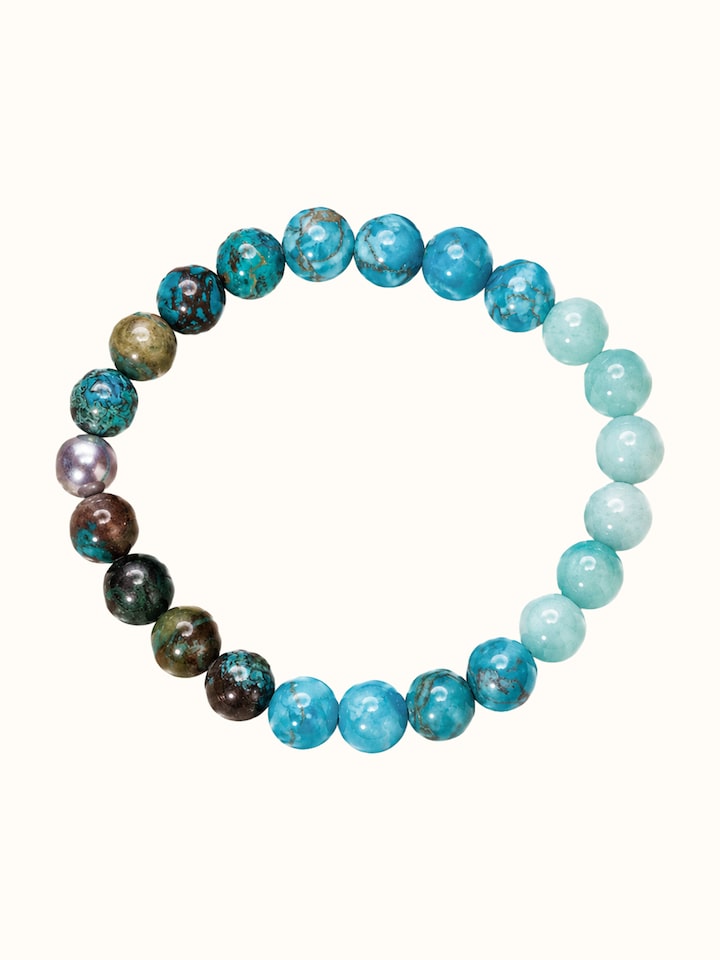Front view of Gemstone Silver Turquoise, Amazonite and Chrysocolla Bead Silver Bracelet showing the complete piece and design