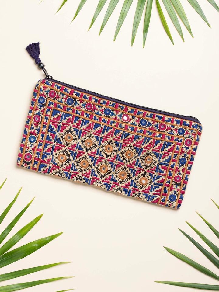 Side view of Kutchi Embroidered Clutch Bag highlighting the detailed design and fabric quality