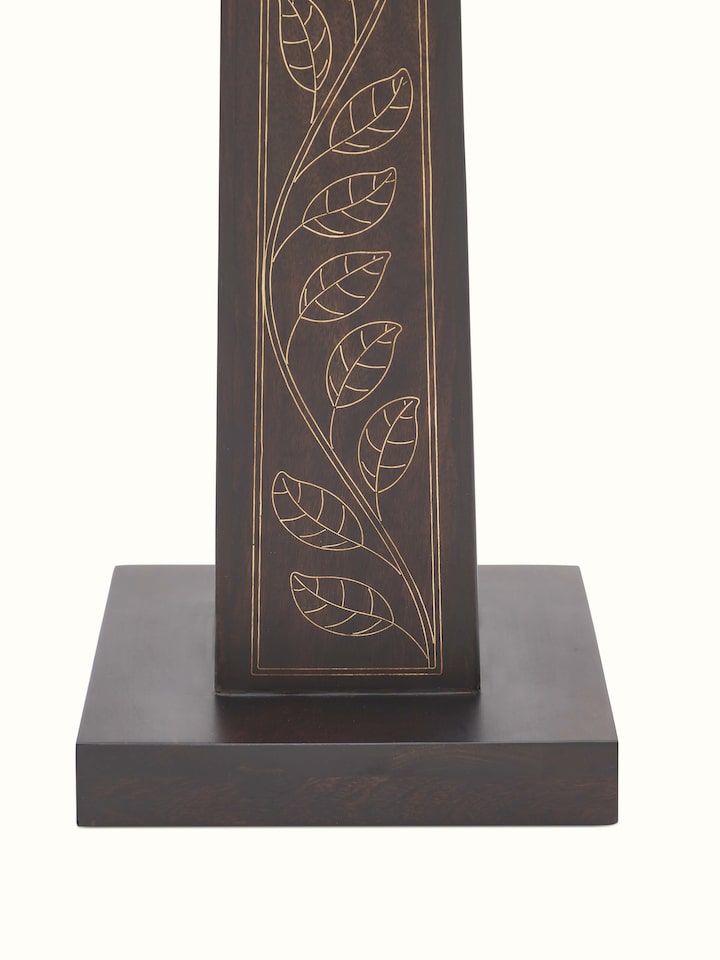 Full view of Tarkashi Sheesham Wood & Brass LED Floor Lamp, showcasing its overall design and lighting effect