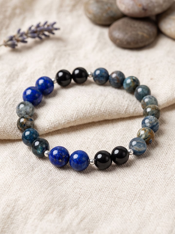 Styled view of Gemstone Lapis Lazuli, Kyanite & Black Onyx Silver Bracelet worn on the wrist, showing how it looks styled, from a different angle