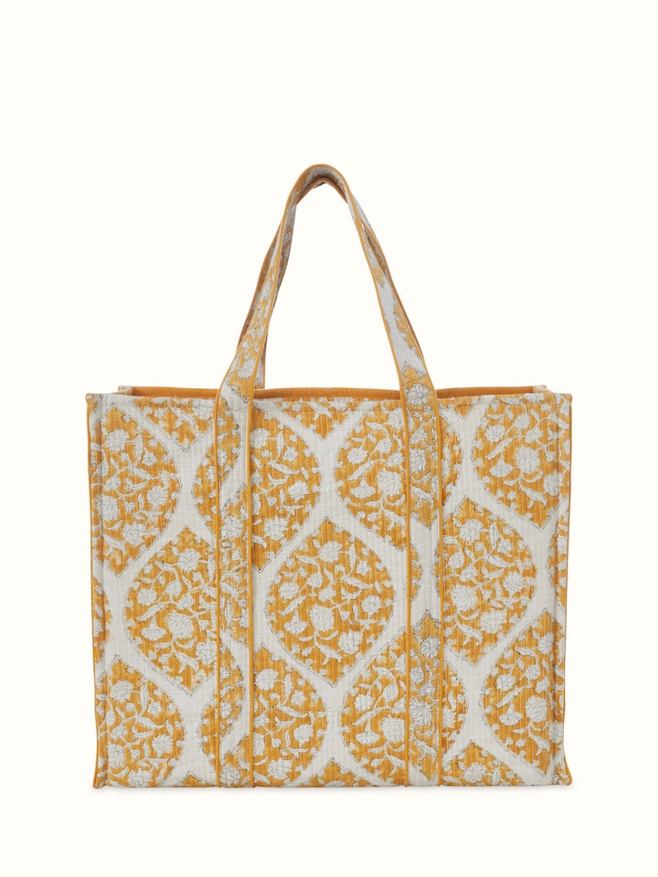 Back view of Yellow Handblock Printed Quilted Tote Bag emphasizing the overall design and fine details