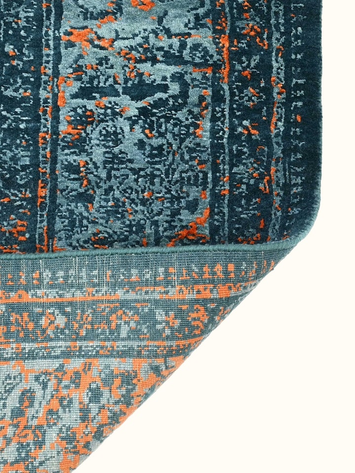 Back view of Transitional Persian Blue Shikargah Bhadohi Wool & Bamboo Silk Hand Knotted Rug showing the reverse weave