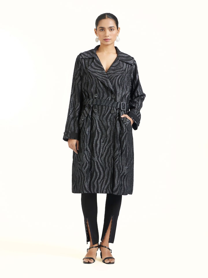 Front view of black aari hand embroidered trenchcoat showcasing intricate embroidery and structured silhouette