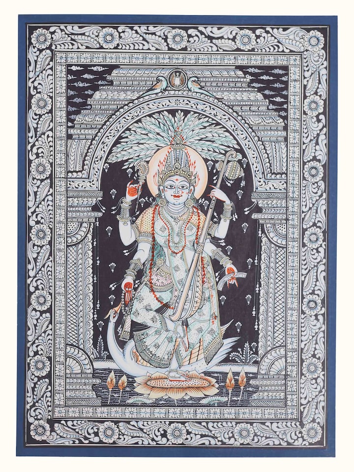 Front view of the Saraswati Canvas Patachitra Painting