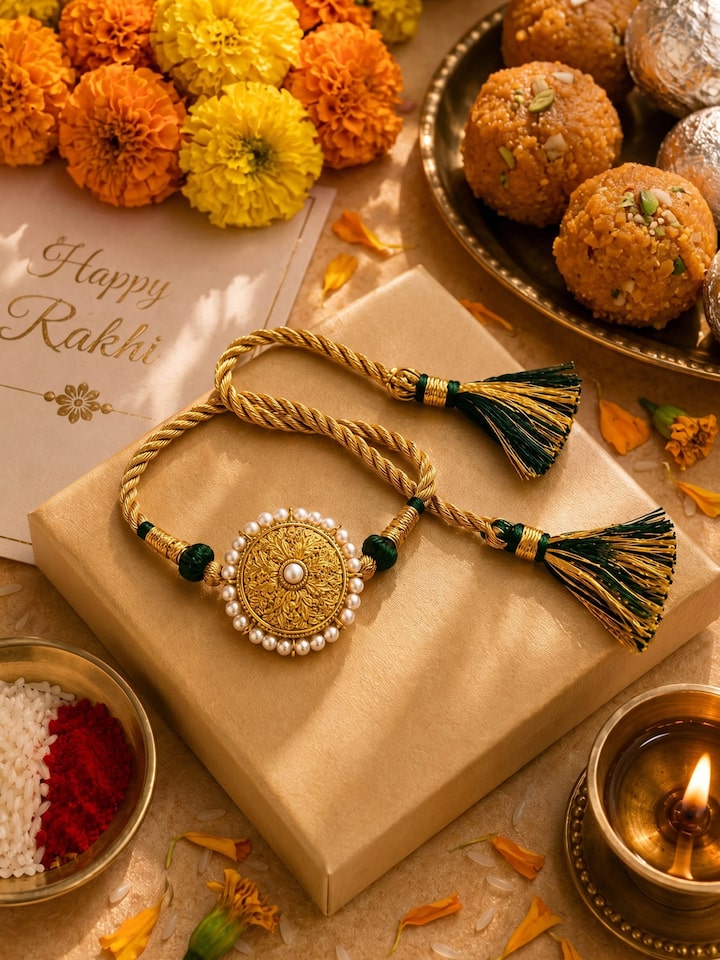 Styled view of Silversmithing Rakhi displayed, showing how it looks styled, from a different angle