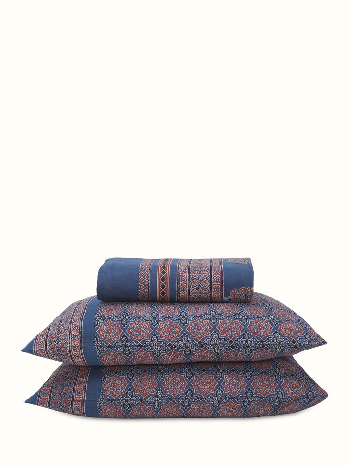 Front view of Sindh blue jaal cotton ajrakh block printed king bedspread set showcasing the detailed ajrakh block print