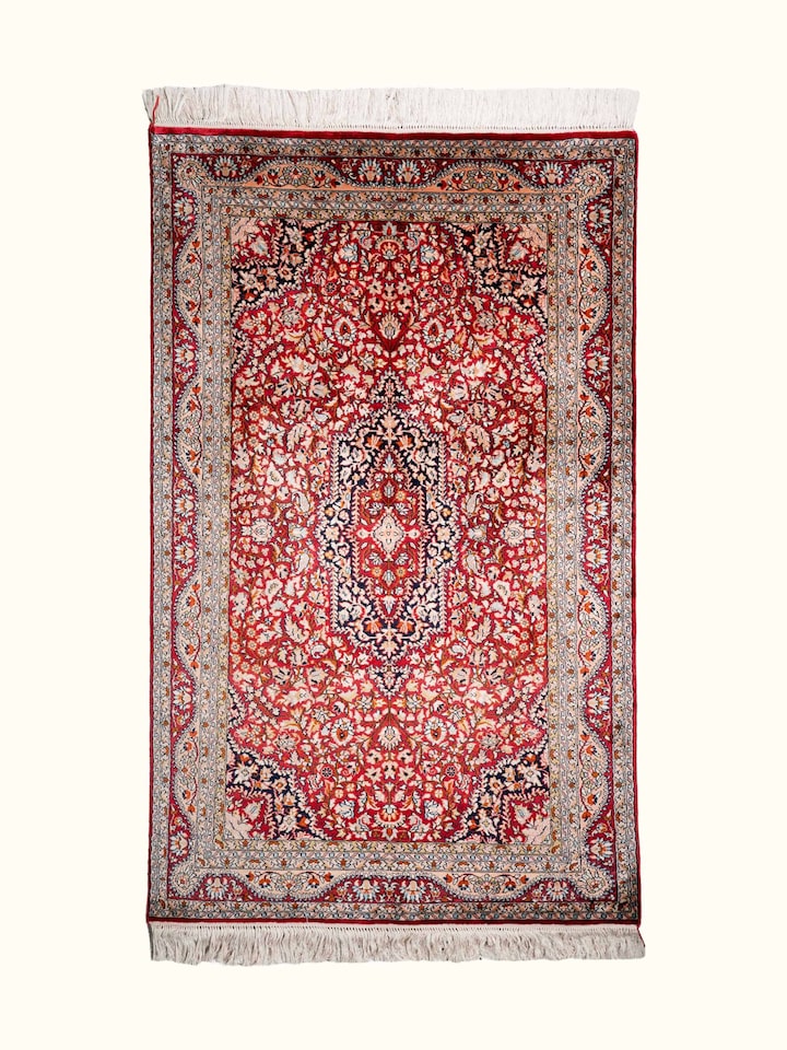 Front view of Traditional Persian Red Kashan Kashmir Silk Hand-Knotted Carpet showing the full rug and pattern layout
