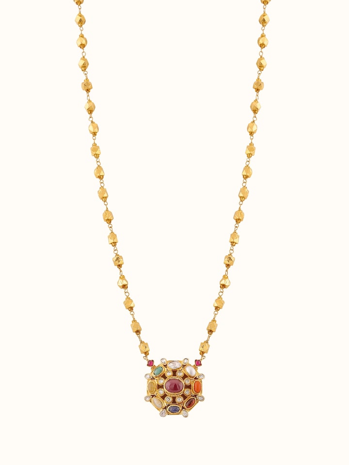 Front view of Navratna silver pendant & chain featuring multicolour gemstones in floral setting