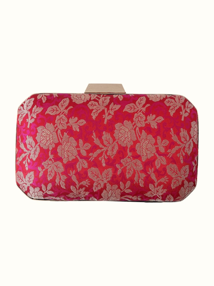 Front view of Pink Banarasi Silk Box Clutch showing the front design and silhouette