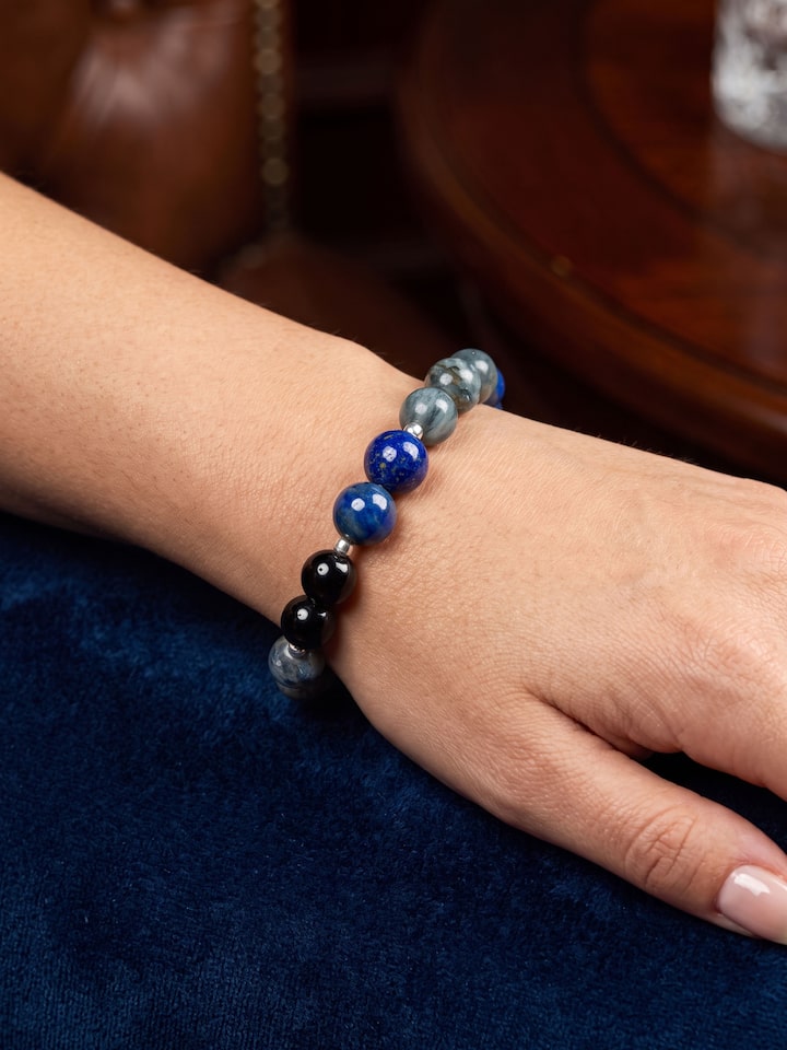 Styled view of Gemstone Lapis Lazuli, Kyanite & Black Onyx Silver Bracelet worn on the wrist, showing how it looks styled