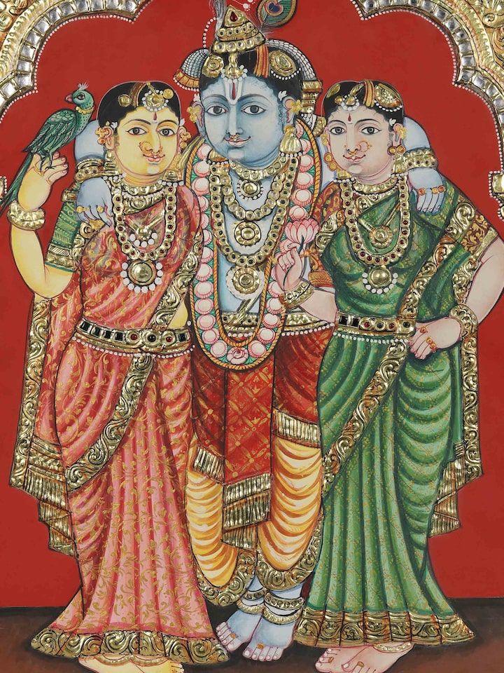 Front detail view of the Krishna Bama Rukmani Thanjavur Painting
