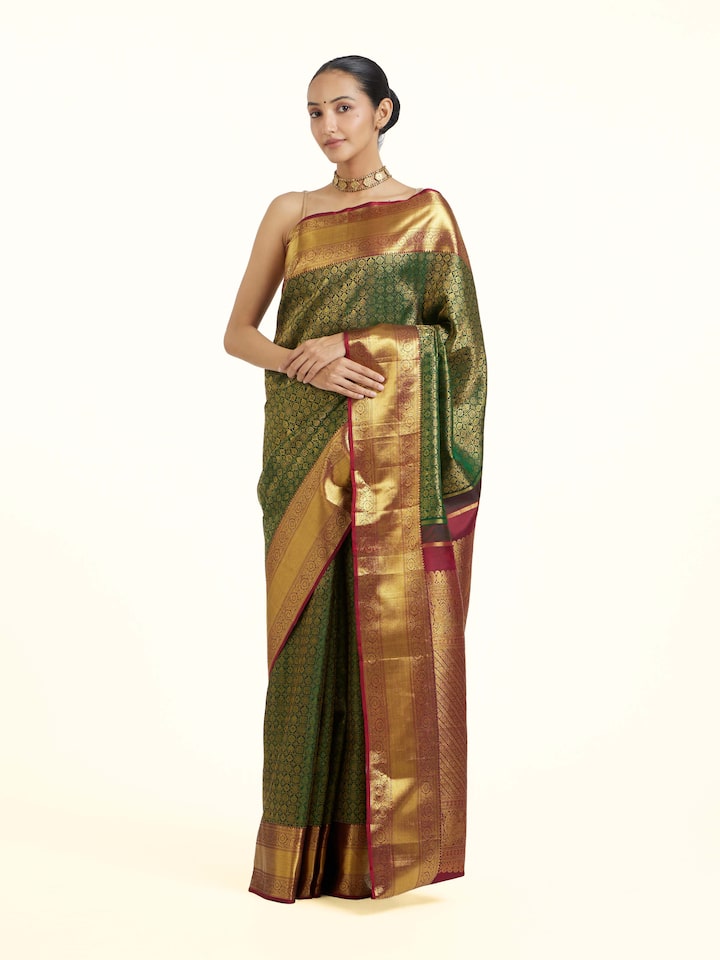 Side view of Green Kancheepuram Silk Zari Saree highlighting the woven border detailing