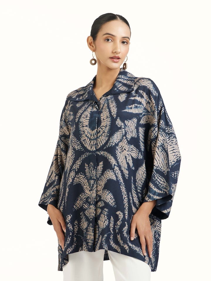 Close-up view of Blue Modal Shibori Shirt highlighting the fabric texture and embroidery detail
