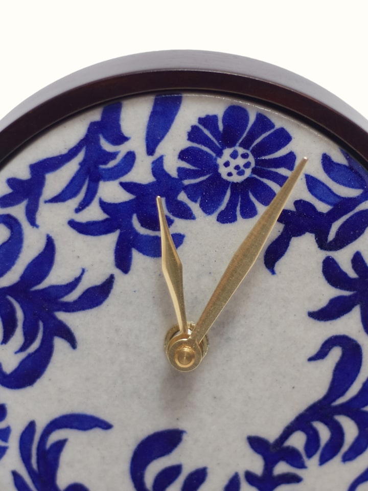 Detail shot of Blue Pottery Ceramic Table Clock