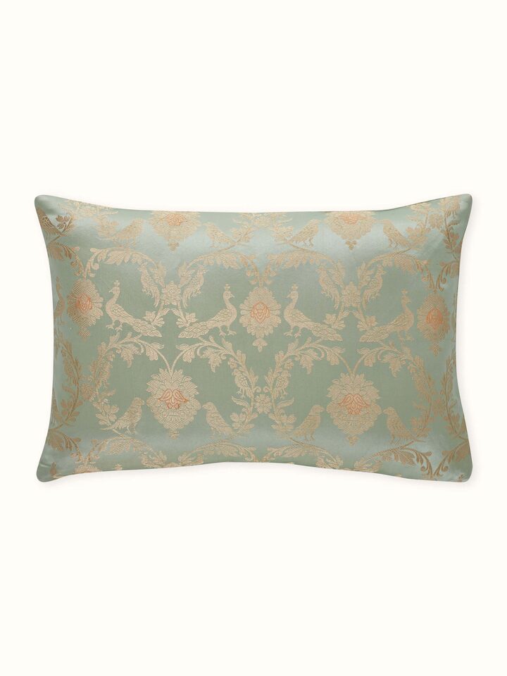 Awadh Pista Green Jaal Banarasi Handloom Silk Lumbar Cushion Cover