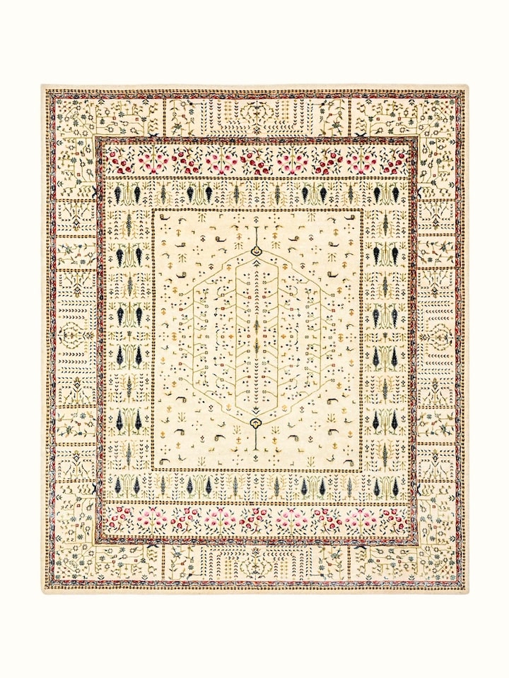 Front view of Traditional Persian Ivory Tree of Life Bhadohi Wool & Bamboo Silk Hand Knotted Rug showing the full rug and pattern layout