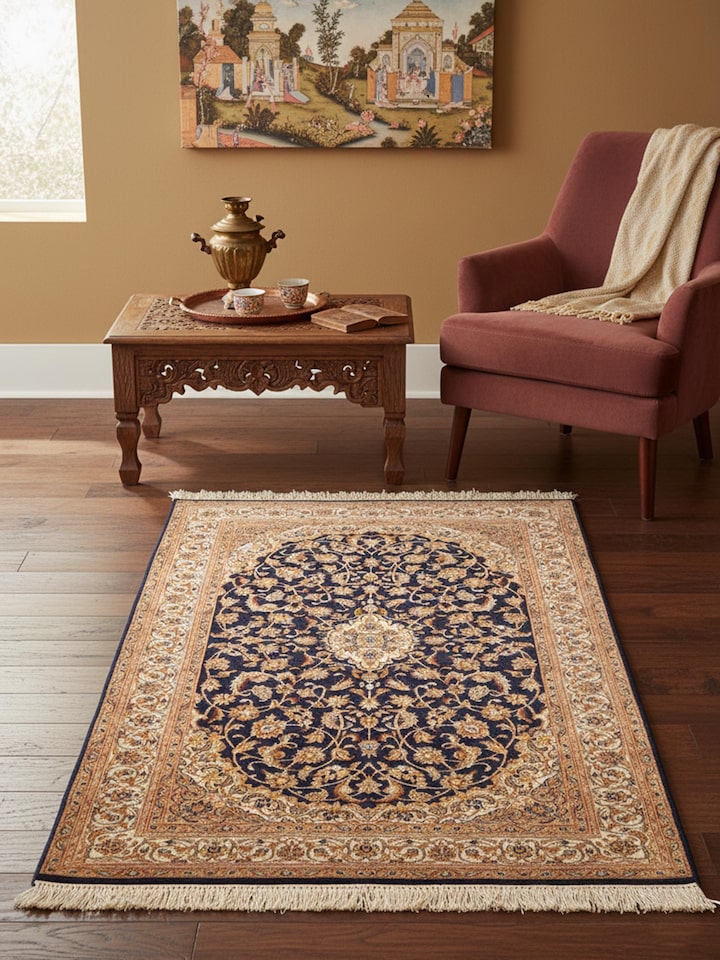 Lifestyle view of the Traditional Persian Navy Beige Kashan Kashmir Silk Hand-Knotted Carpet