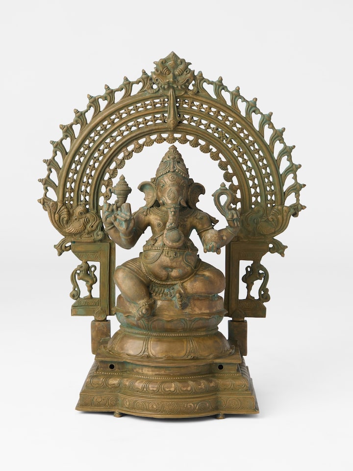 Front view of the Bronze Sitting Ganesha Prabhavali Idol