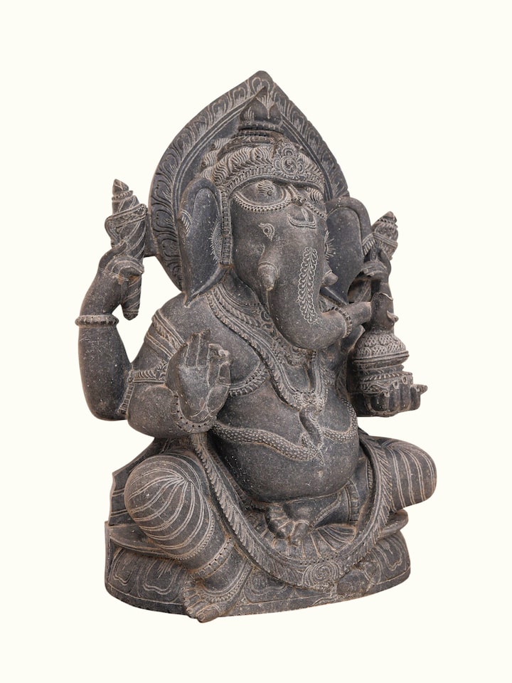 Angled view of the Stone Carved Ganesha Idol