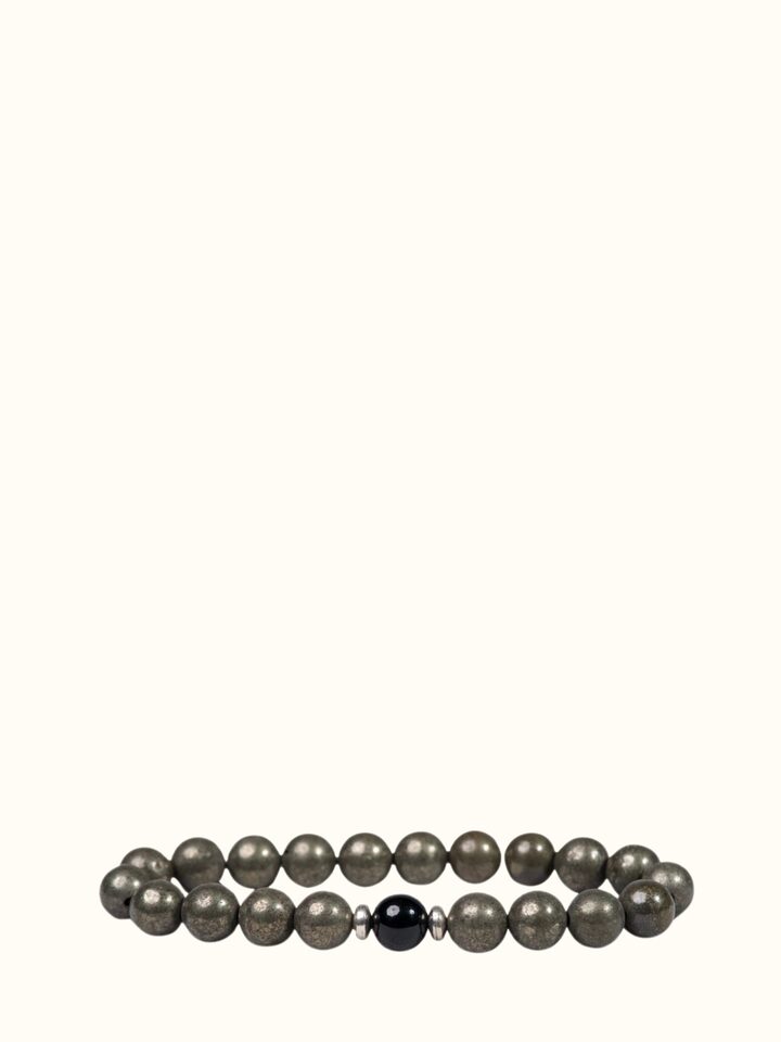 Detail view of Gemstone Pyrite & Black Onyx Bead Silver Bracelet highlighting the beadwork and stone detail, from a different angle