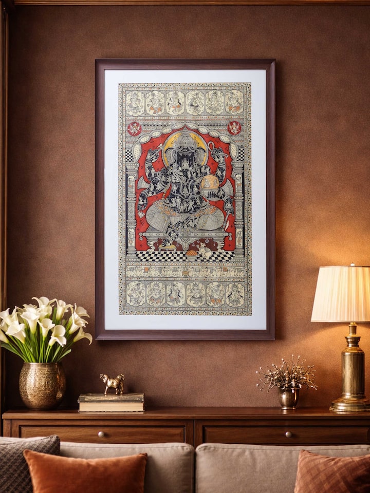 Styled view of Ganesha Pattachitra Silk Painting displayed against a styled backdrop