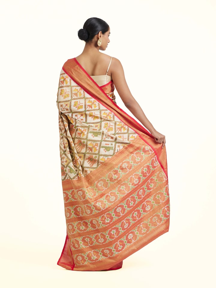 Back view of Multi Pochampally Ikat Silk Saree emphasizing the overall design and fine details
